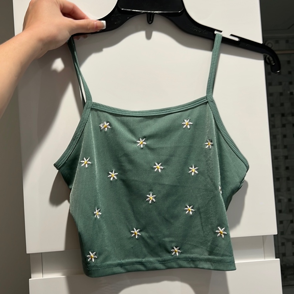 Embroidered sage green daisy tank top crop top